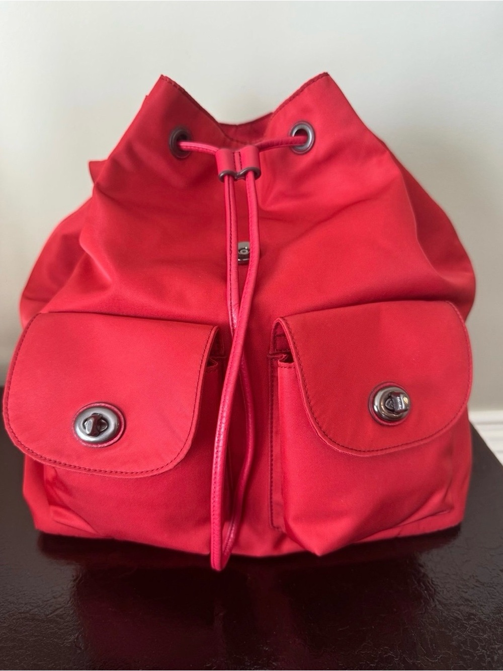 Coach Bright Red Nylon Drawstring Backpack with Front Pockets - Picture 3 of 12